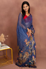 Navy Ikat Saree with Floral & Elephant Motifs