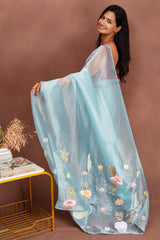 Ethereal Pastel Ice Blue Organza Saree with Floral Embroidery
