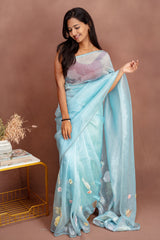 Ethereal Pastel Ice Blue Organza Saree with Floral Embroidery