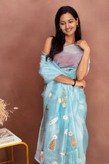 Ethereal Pastel Ice Blue Organza Saree with Floral Embroidery