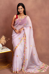 Whispering Lilac Crushed Organza Saree with Floral Scallop Border