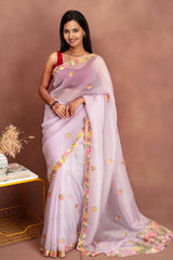 Whispering Lilac Crushed Organza Saree with Floral Scallop Border