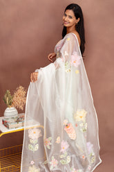 Ethereal White Organza Saree with Pastel Floral Appliqué