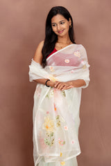 Ethereal White Organza Saree with Pastel Floral Appliqué