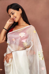 Ethereal White Organza Saree with Pastel Floral Appliqué