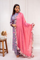 Whimsical Slate Blue & Pink Mulcotton Floral Suit Set