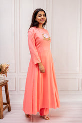 Charming Peach Cotton A-Line Suit Set