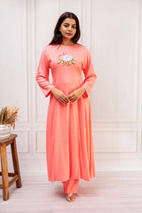 Charming Peach Cotton A-Line Suit Set