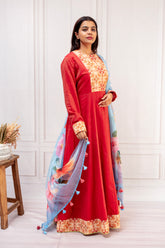 Majestic Crimson Chanderi Kalidaar Dress with Kota Dupatta