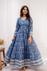 Enchanting Indigo Floral Alia-Cut Anarkali Dress