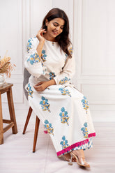Pristine White & Indigo Cotton Straight-Cut Co-Ord Set