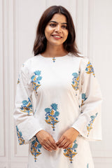 Pristine White & Indigo Cotton Straight-Cut Co-Ord Set