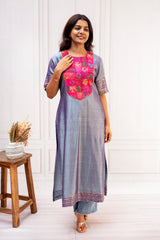 Luxe Metallic Steel Blue Silk Top with Royal Purple Mangalgiri Dupatta