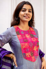 Luxe Metallic Steel Blue Silk Top with Royal Purple Mangalgiri Dupatta