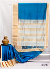 Teal Blue Silk Cotton Saree with Ivory Stripes and Gold Zari Border