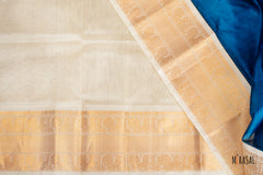 Teal Blue Silk Cotton Saree with Ivory Stripes and Gold Zari Border