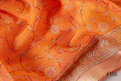 Burnt Orange Chanderi Cotton Saree with Floral Motifs and Gold Zari Border