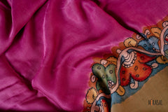 Magenta and Antique Gold Semi-Satin Modal Saree with Kalamkari-Inspired Border