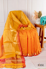 Golden Mustard Silk Cotton Saree with Coral Orange Border