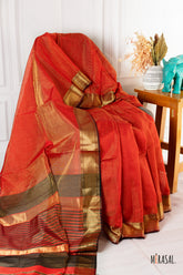 Classic Crimson Red Silk Cotton Saree with Antique Gold Border