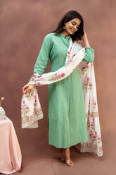 Mint Green Striped Cotton Straight-Cut Top with Floral Dupatta