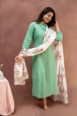 Mint Green Striped Cotton Straight-Cut Top with Floral Dupatta