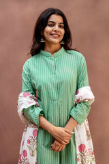 Mint Green Striped Cotton Straight-Cut Top with Floral Dupatta