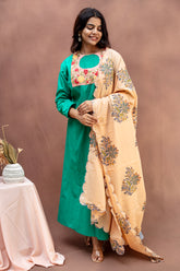 Emerald Green Embroidered Cotton Top with Scalloped Floral Dupatta