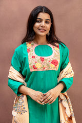 Emerald Green Embroidered Cotton Top with Scalloped Floral Dupatta
