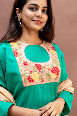 Emerald Green Embroidered Cotton Top with Scalloped Floral Dupatta