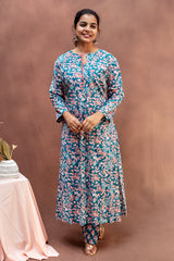 Teal & Peach Floral Mul Cotton Co-Ord Set