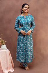 Slate Blue & Peach Block Print Mul Cotton Co-Ord Set