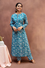 Slate Blue & Peach Block Print Mul Cotton Co-Ord Set
