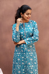 Slate Blue & Peach Block Print Mul Cotton Co-Ord Set