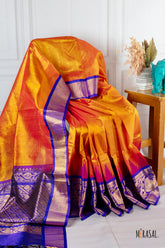 Golden Marigold Silk Cotton Saree with Royal Blue Zari Border