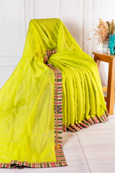 Customised Lime Green Chanderi Cotton Saree with Pure Kalamkari Stripe Embroidered Border