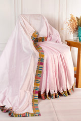 Customised Blush Pink Chanderi Cotton Saree with Pure Kalamkari Stripe Embroidered Border