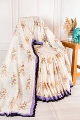 Customised Ivory Chanderi Cotton Saree with Floral Print and Black Embroidered Cotton Border