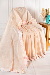 Customised Ivory Peach Chanderi Cotton Saree with Designer Printed Border