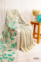Customised Soft Tissue Saree with Hand-Embroidered Pallu in Ivory Gold and Jade Green
