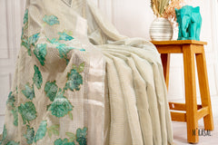 Customised Soft Tissue Saree with Hand-Embroidered Pallu in Ivory Gold and Jade Green