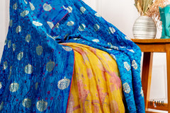 Customised Tissue Print and Tissue Bandhani Saree in Teal Blue and Marigold Yellow
