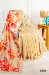 Soft Tissue Saree with Hand-Embroidered Floral Pallu in Champagne Gold