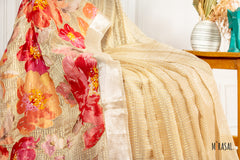 Soft Tissue Saree with Hand-Embroidered Floral Pallu in Champagne Gold