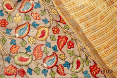 Handcrafted Cotton Saree with Kalamkari Inspired Pallu in Mustard Ochre