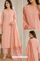 Pastel Panache: Peach-Pink Unstitched Suit Set with Geometric Dupatta