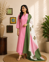 Blush Pink Cotton Kurta Set with Printed Dupatta