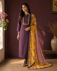 Royal Plum Cotton Kurta Set with Floral Printed Dupatta
