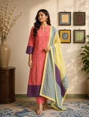 Coral Pink Cotton Kurta Set with Floral Printed Dupatta
