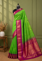Parrot Green Soft Silk Saree with Magenta Zari Border